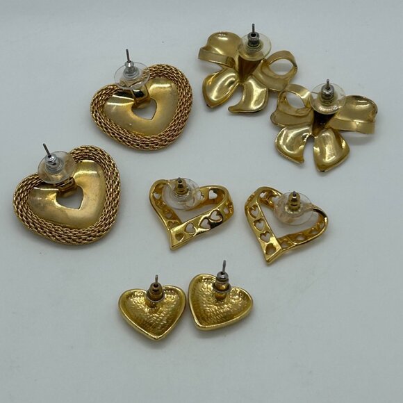 Vintage Gold-Tone Heart & Bow Pierced Earrings Set Statement Vintage - Picture 7 of 11